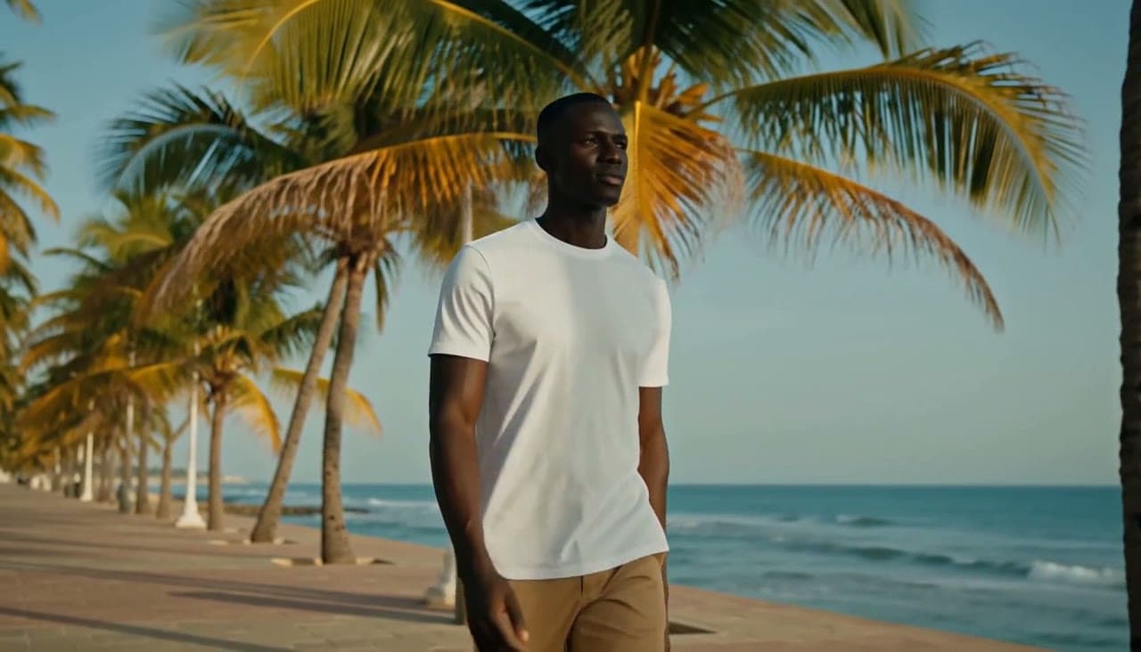 A frame of the clip it started from: the same man on the promenade in a white t-shirt