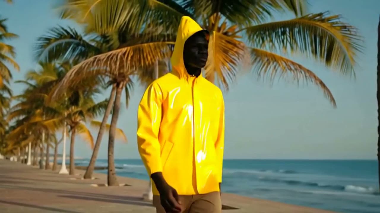 A man walks along a palm-lined seaside promenade in a bright yellow raincoat