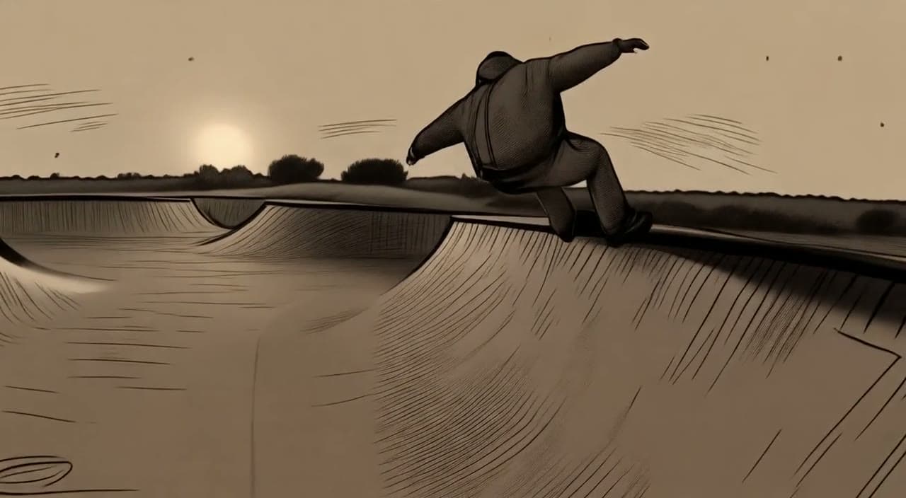 A skateboarder carving a concrete bowl, drawn as a rough charcoal sketch on off-white paper