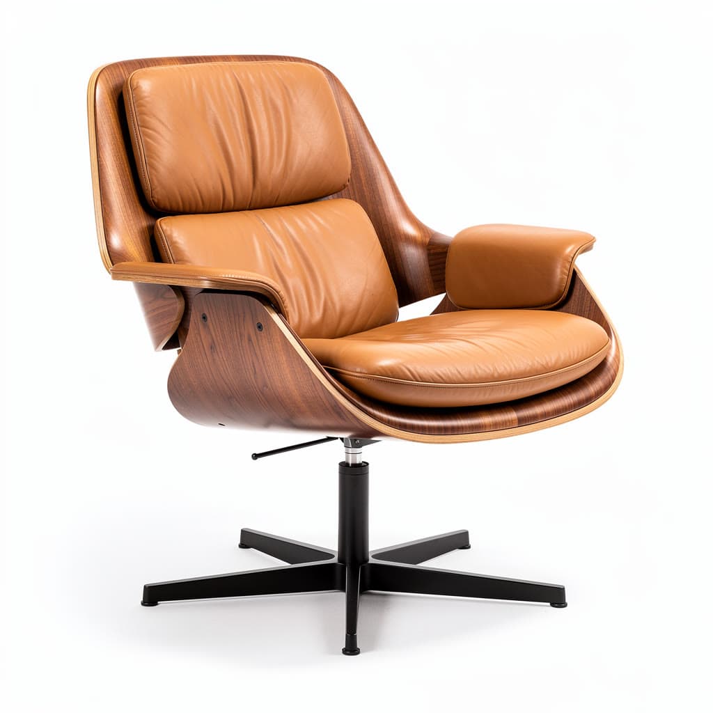 Photo of a mid-century lounge chair in tan leather and walnut on a white background