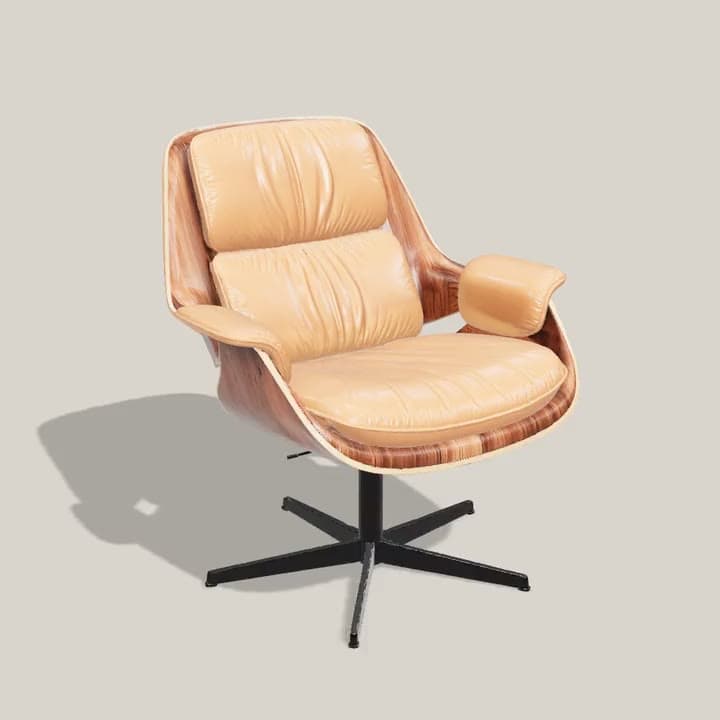 A 3D model of a mid-century lounge chair in tan leather and walnut, turning on a stand
