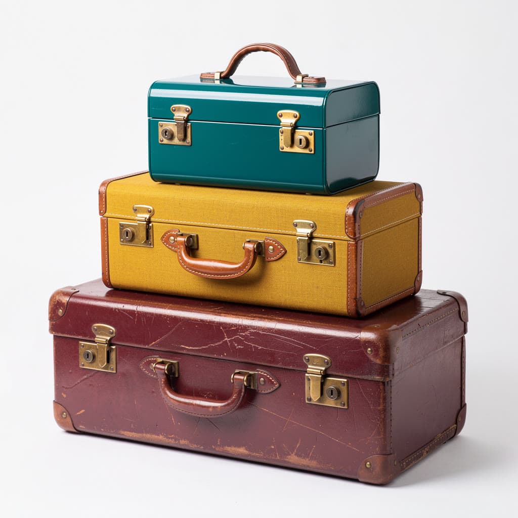 Photo of three stacked vintage suitcases in teal, mustard and oxblood