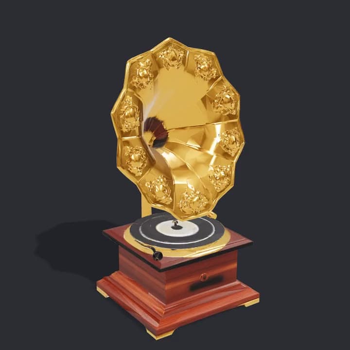 A 3D model of a brass gramophone with a flared horn on a walnut base, turning on a stand
