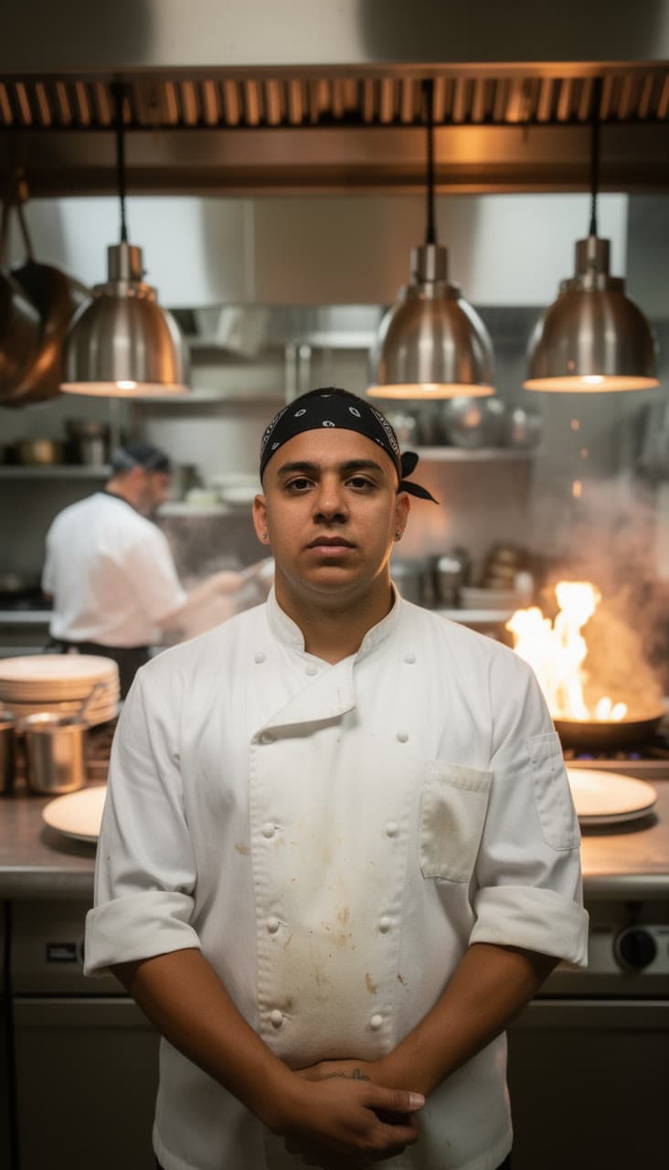 The photo it started from: the cook standing still in the kitchen