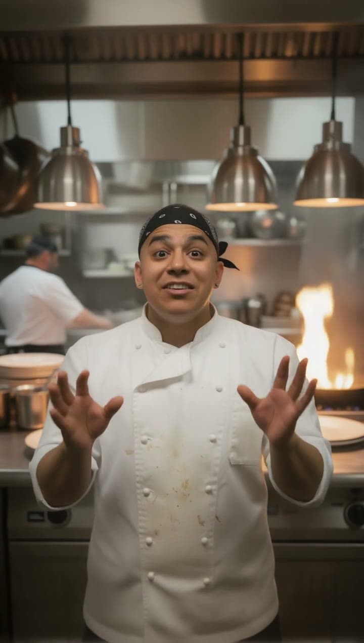 A line cook in a black bandana and white chef jacket shouts across a busy kitchen, hands up