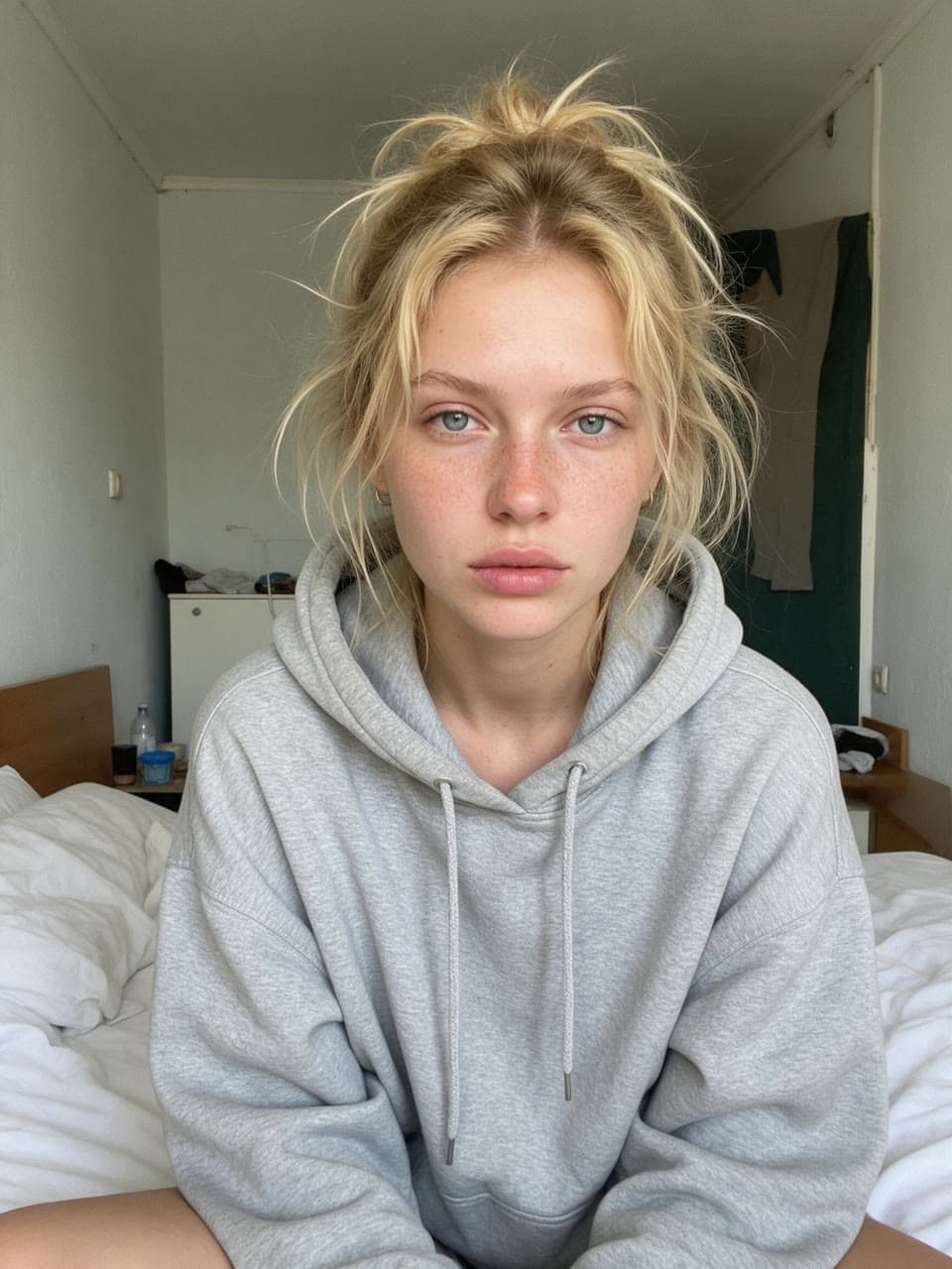 A young woman with messy blond hair in a grey hoodie, sitting on her bed