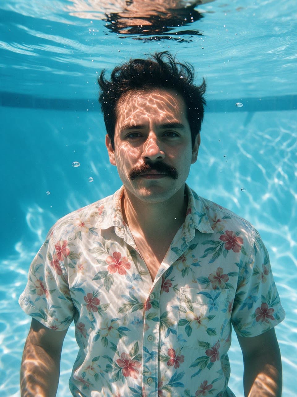 The same man in the same shirt, underwater in a blue swimming pool