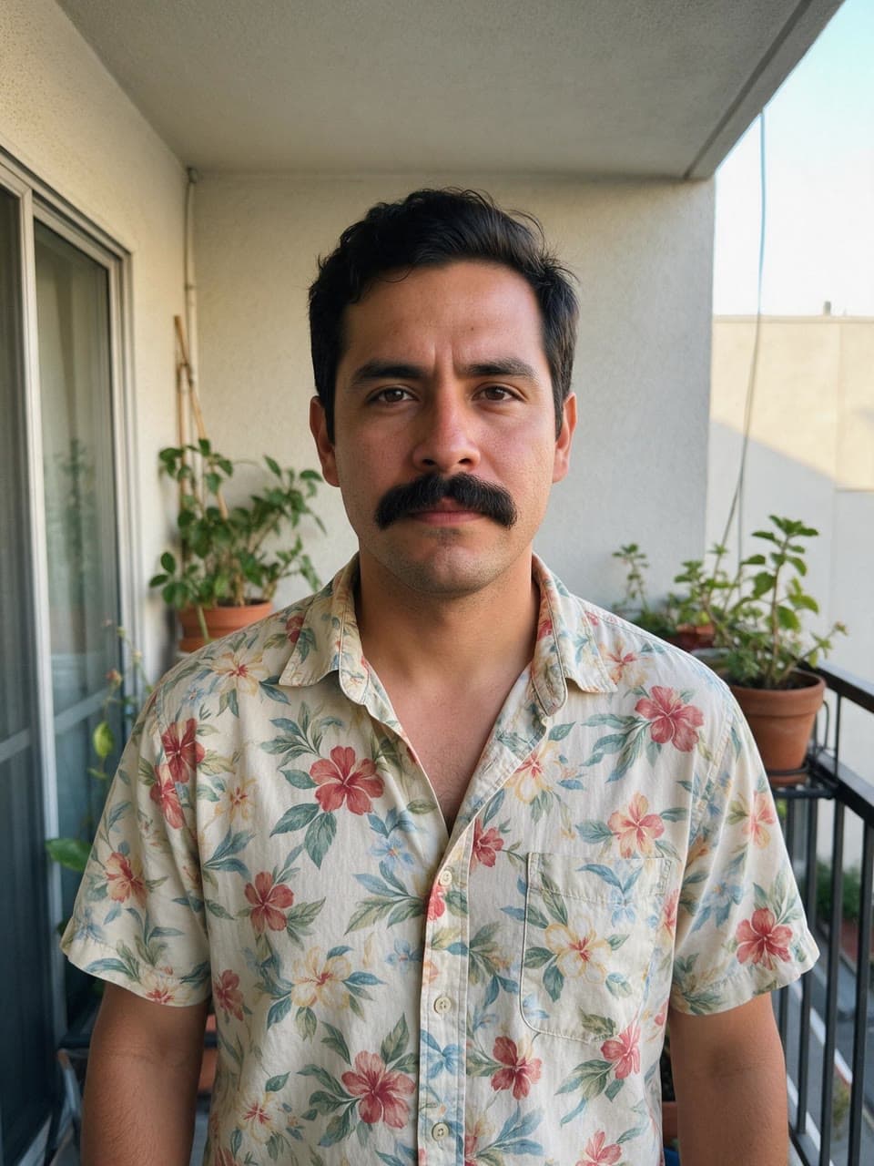 A man with a thick moustache in a floral shirt on an apartment balcony