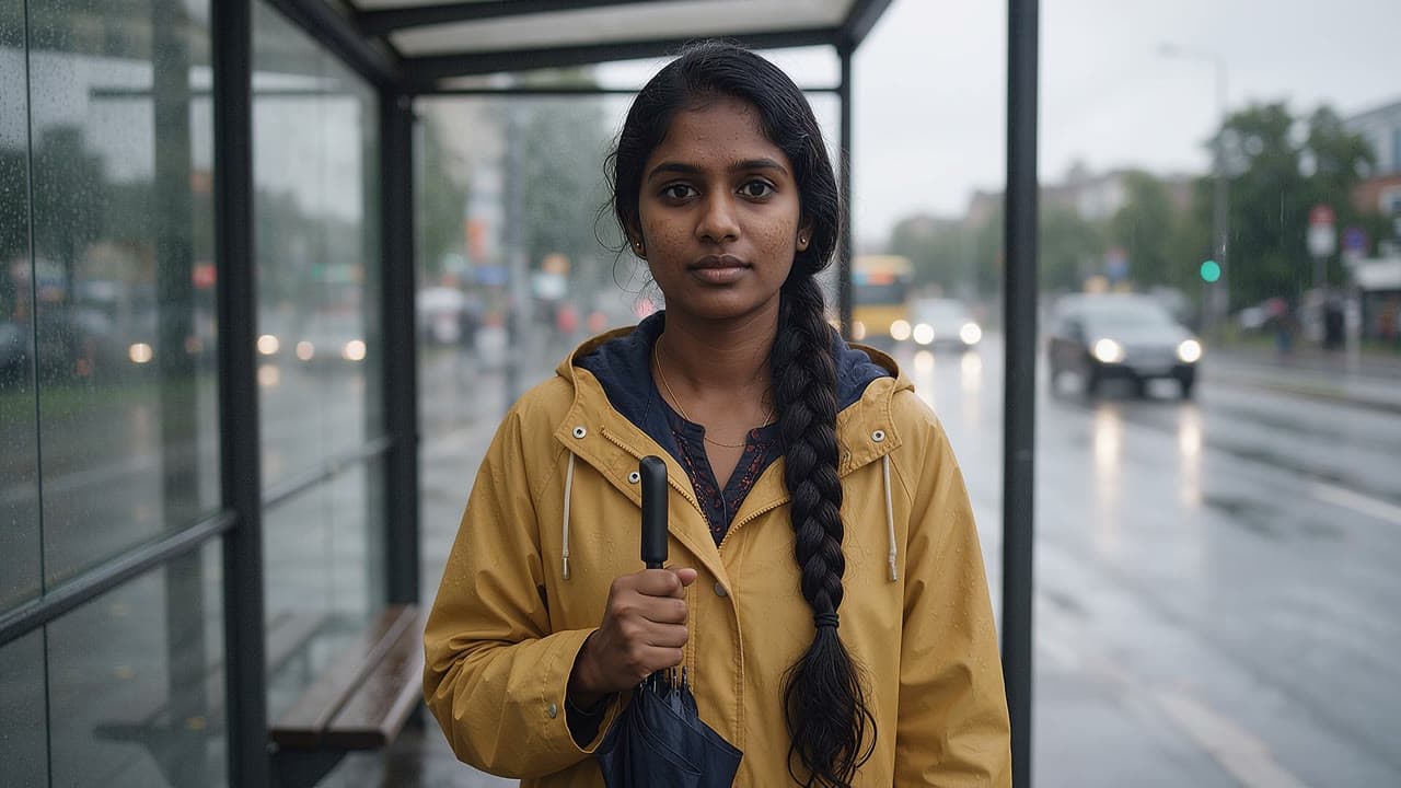 A woman in a yellow raincoat waits at a bus stop in the rain