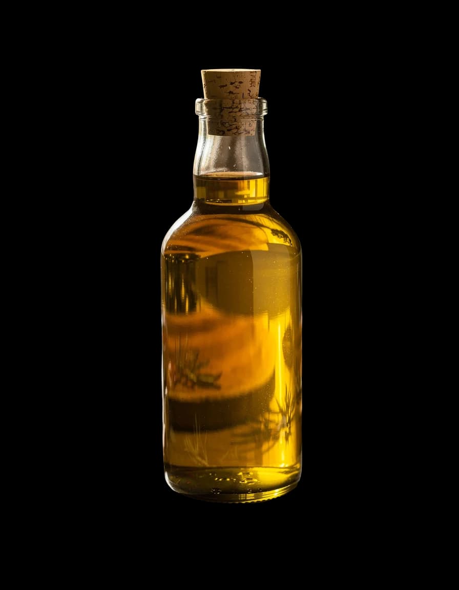 A glass bottle of olive oil, cut out clean, a real run on Leap