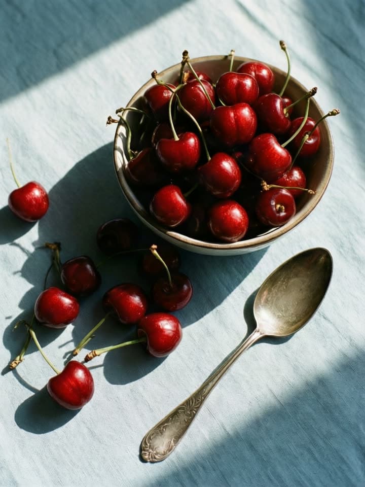 Cherries spilling across blue linen, a real run on Leap