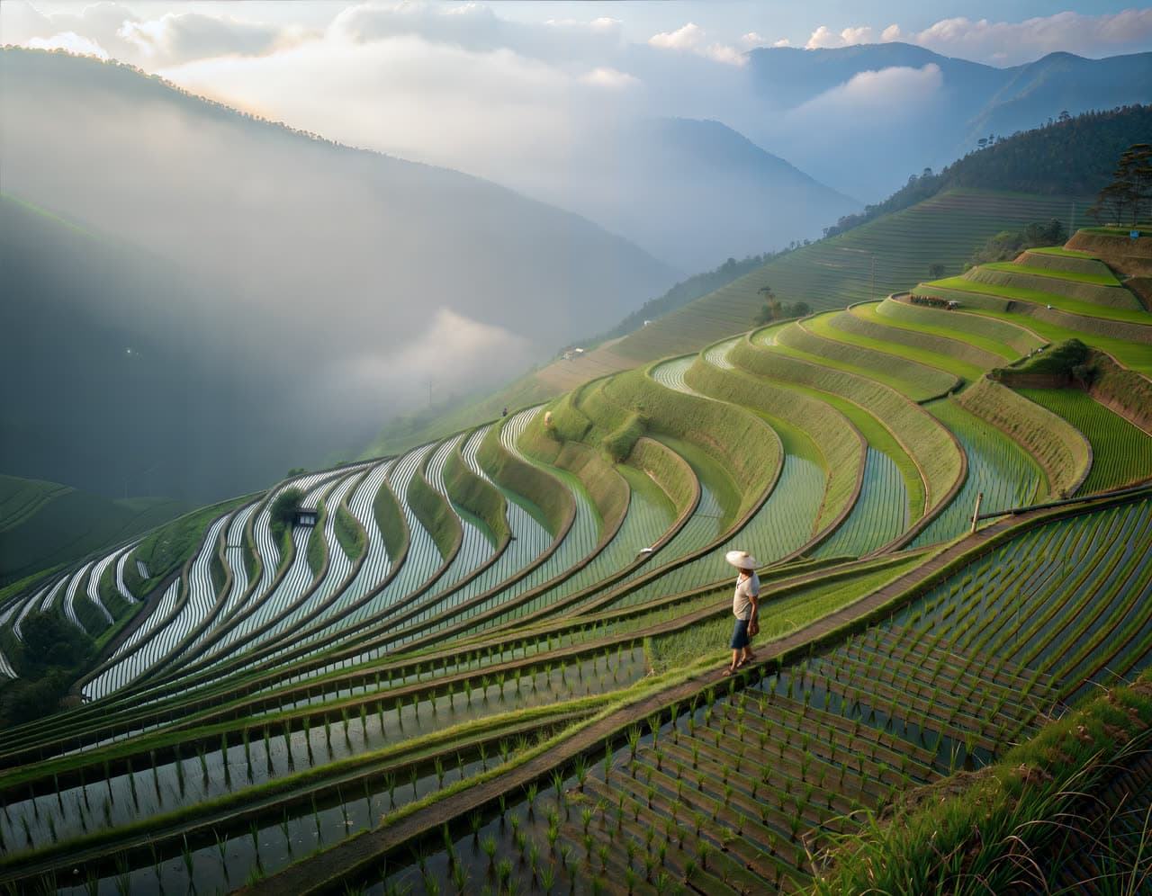 Green rice terraces in a misty valley with a farmer in a conical hat