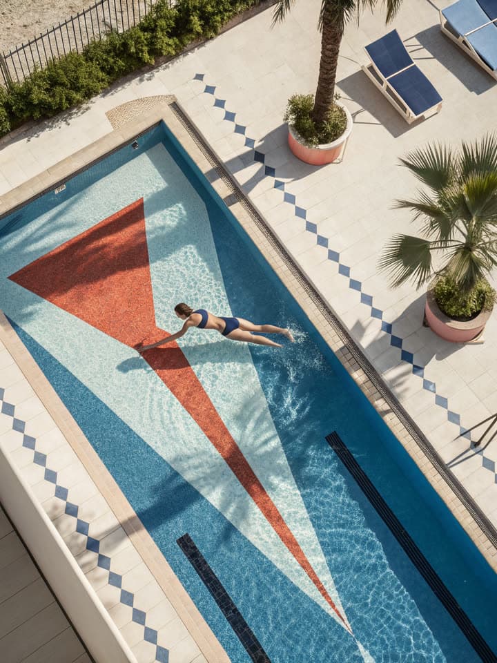A swimmer in a geometric pool, from above, a real run on Leap