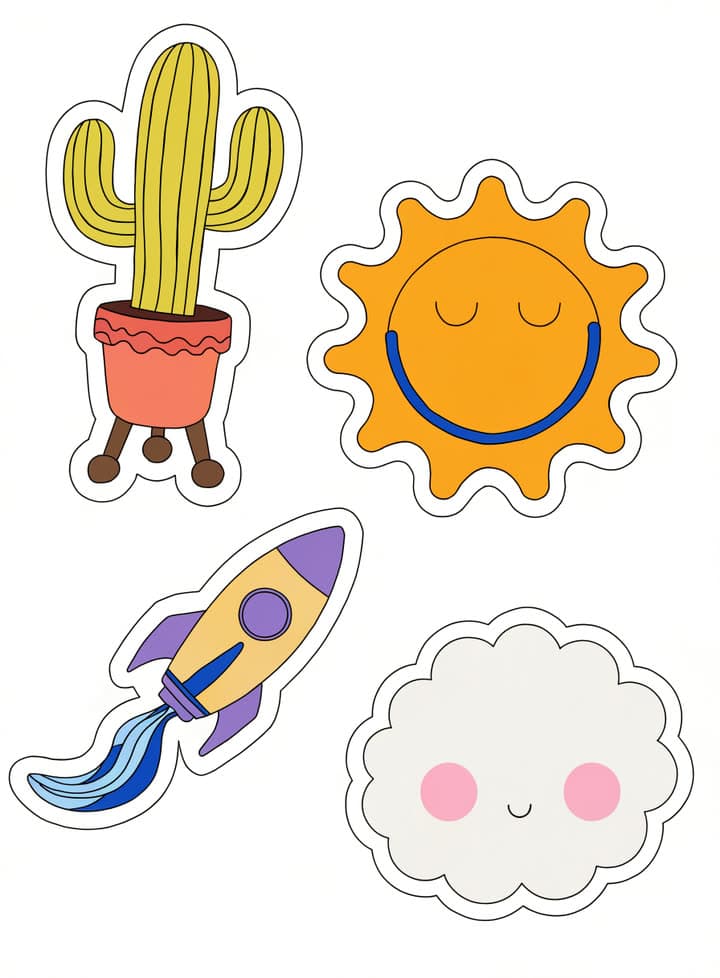 A sheet of vector stickers: a cactus, a smiling sun, a rocket and a cloud