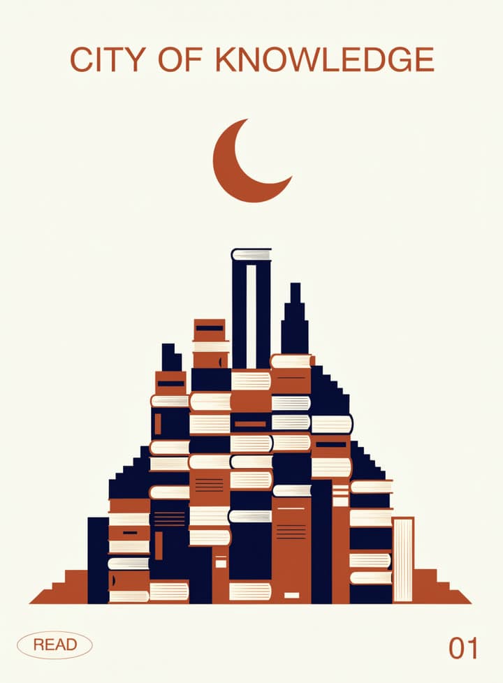 A flat poster that reads City of Knowledge: a skyline of stacked books under a crescent moon