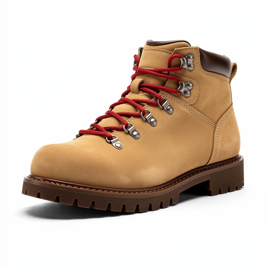 Photo of a tan suede hiking boot with red laces on a white background