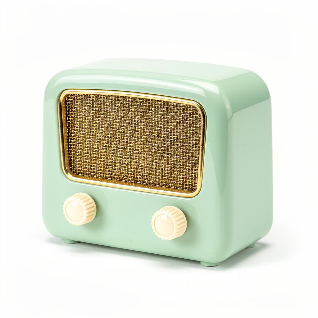 Photo of a mint green 1950s valve radio with a gold speaker grille