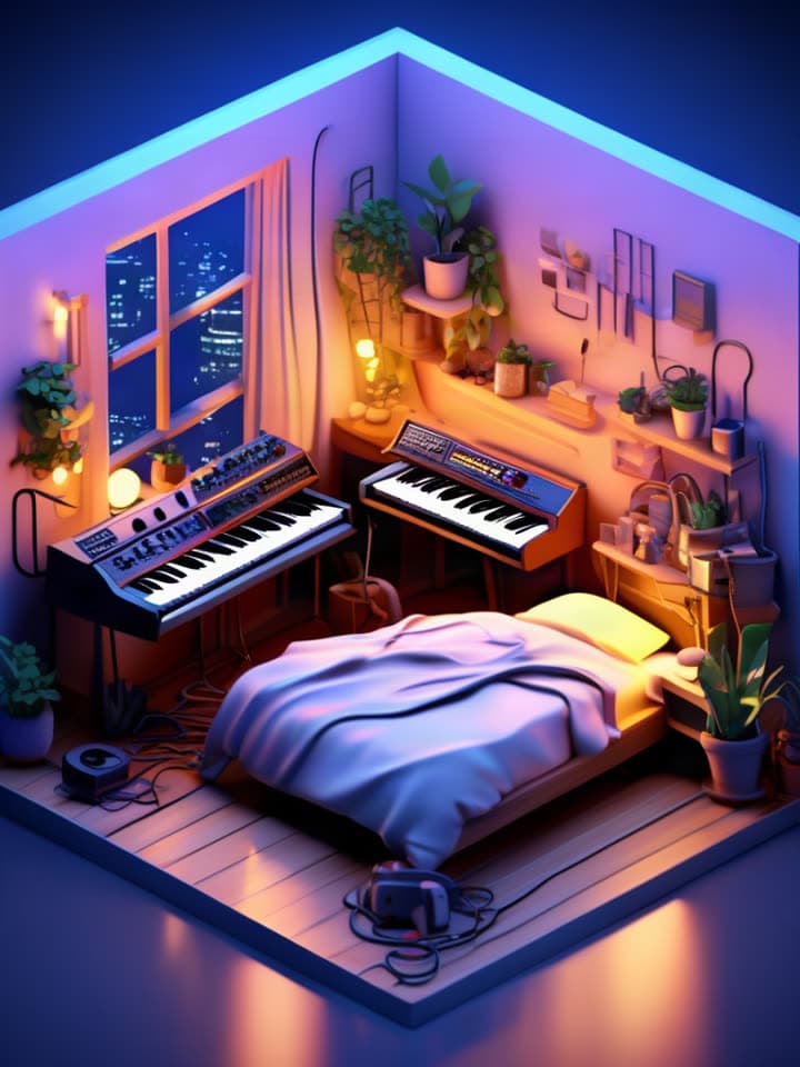 An isometric bedroom studio at night, a real run on Leap