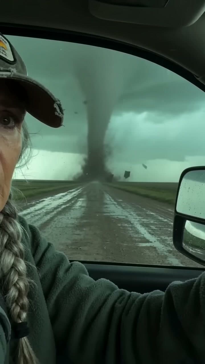 A storm chaser with a grey braid films herself by a pickup as a tornado touches down behind her