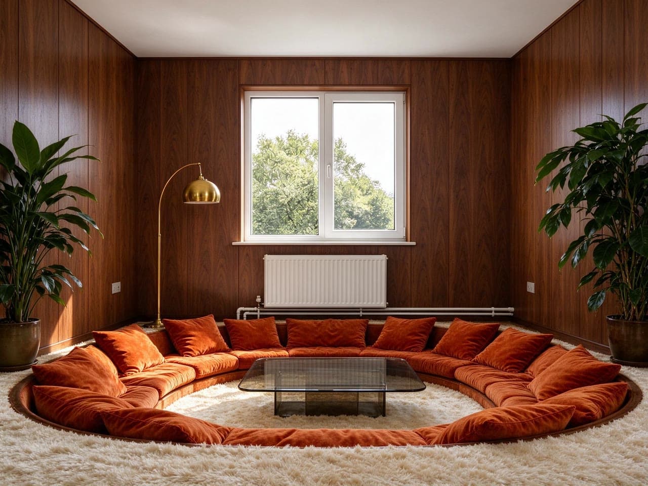The same room with a sunken orange velvet seating pit, walnut panelling, a shag rug and a brass lamp