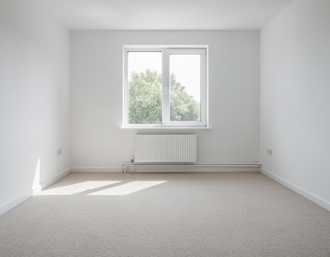 An empty white room with a window and a radiator