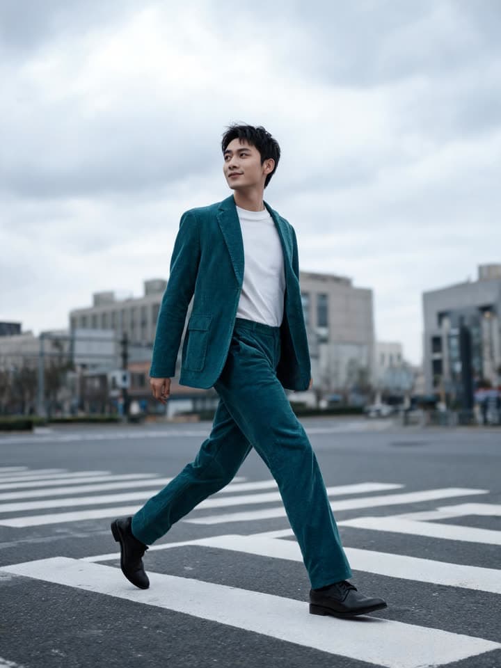 A teal corduroy suit on a zebra crossing, a real run on Leap