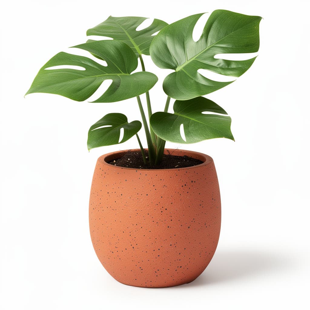 Photo of a small monstera plant in a terracotta pot on a white background