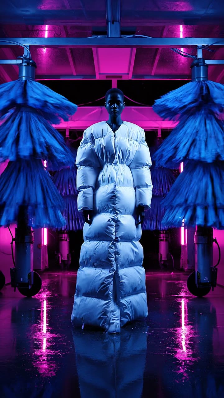 A model in a white puffer gown walks through a car wash under pink light