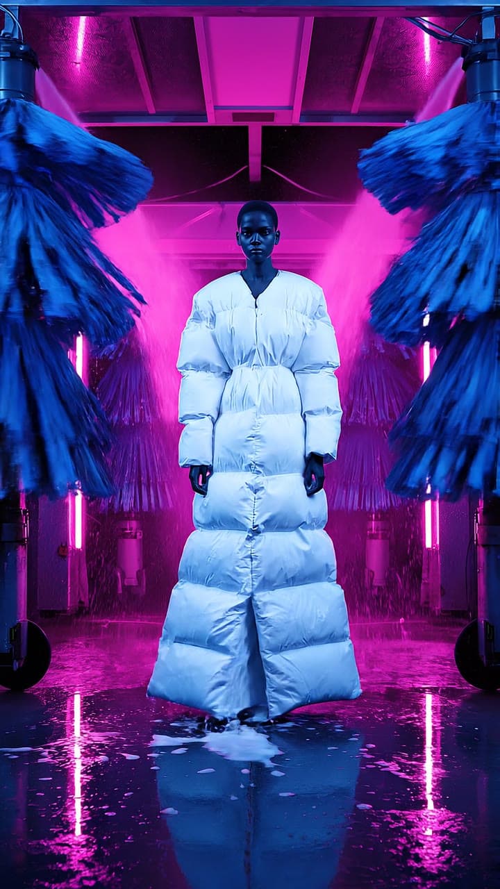 A model in a white puffer gown walks through a car wash under pink light