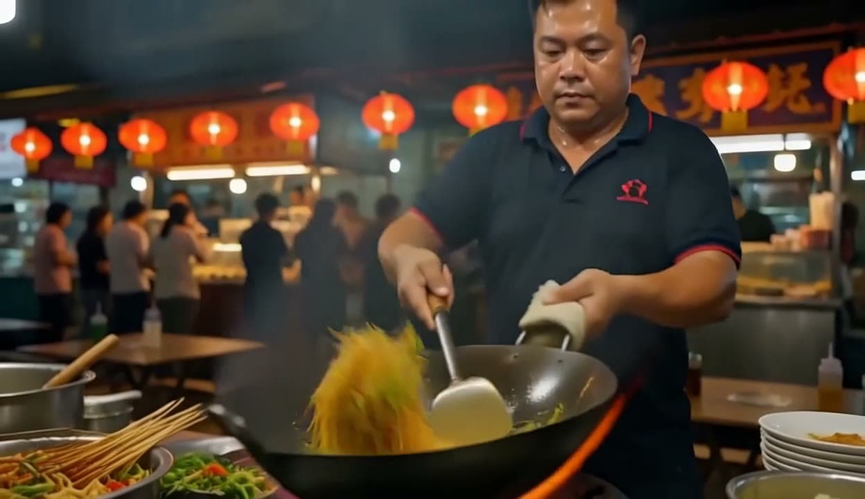 A wok cook at a night-market stall under red lanterns