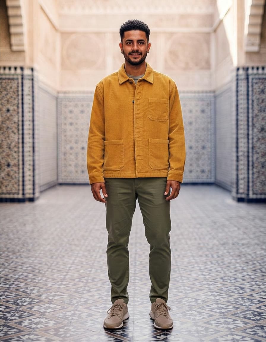 The same man in the same courtyard, wearing a mustard corduroy chore jacket