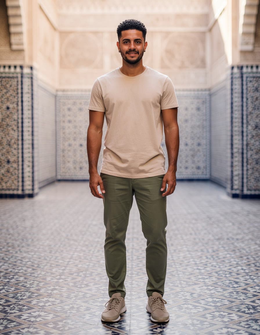 A man in a beige T-shirt and olive trousers in a tiled courtyard