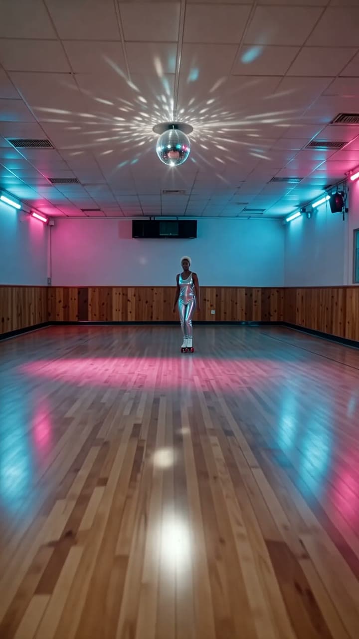 A roller skater in silver glides backwards under a mirror ball