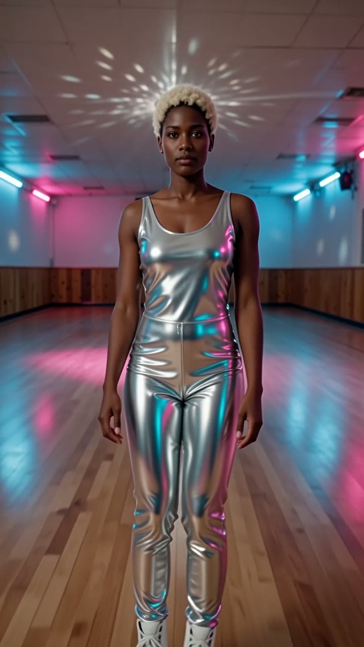 A roller skater in silver glides backwards under a mirror ball