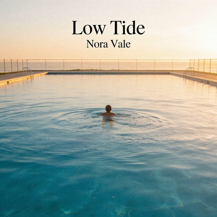 A lone swimmer in an infinity pool at dusk, under the title Low Tide