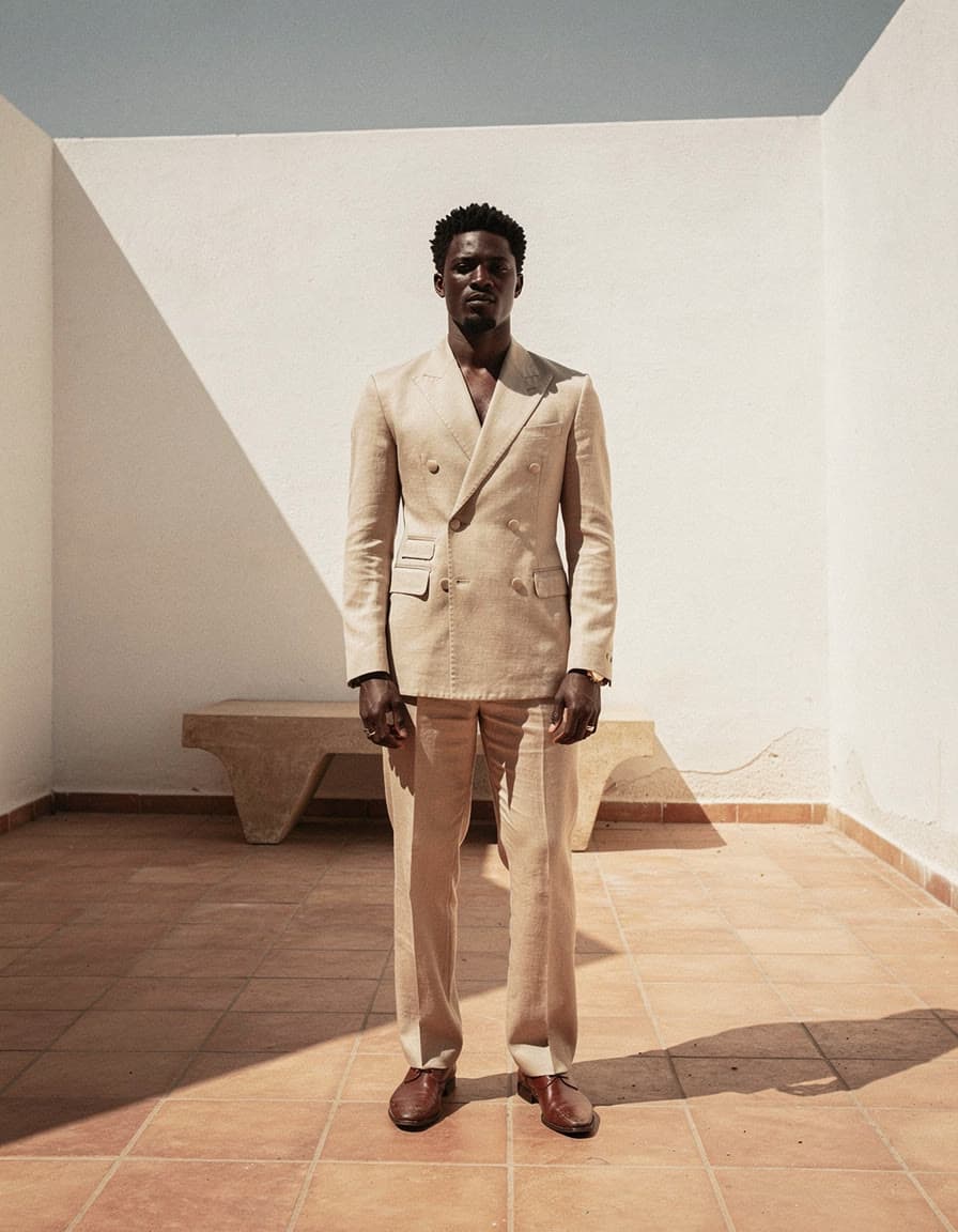 Linen suit in a noon courtyard, made on Leap