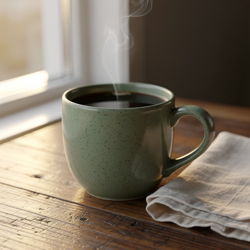 Sage mug on the café counter, made on Leap