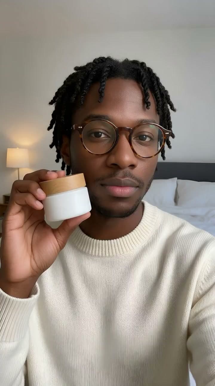 A man in glasses holds up a jar of cream and talks to the camera