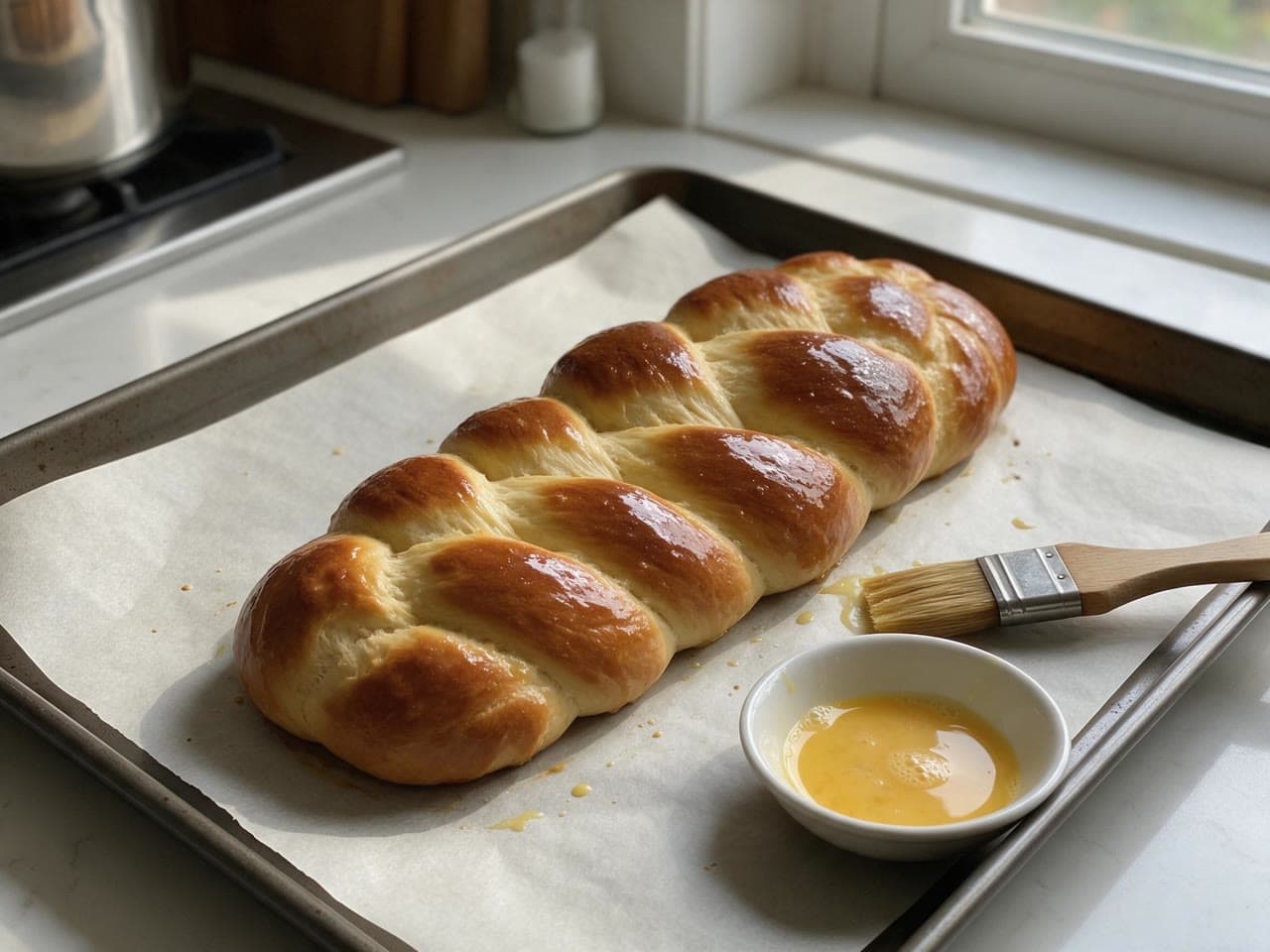 A braided loaf on a baking tray beside a bowl of egg wash and a brush