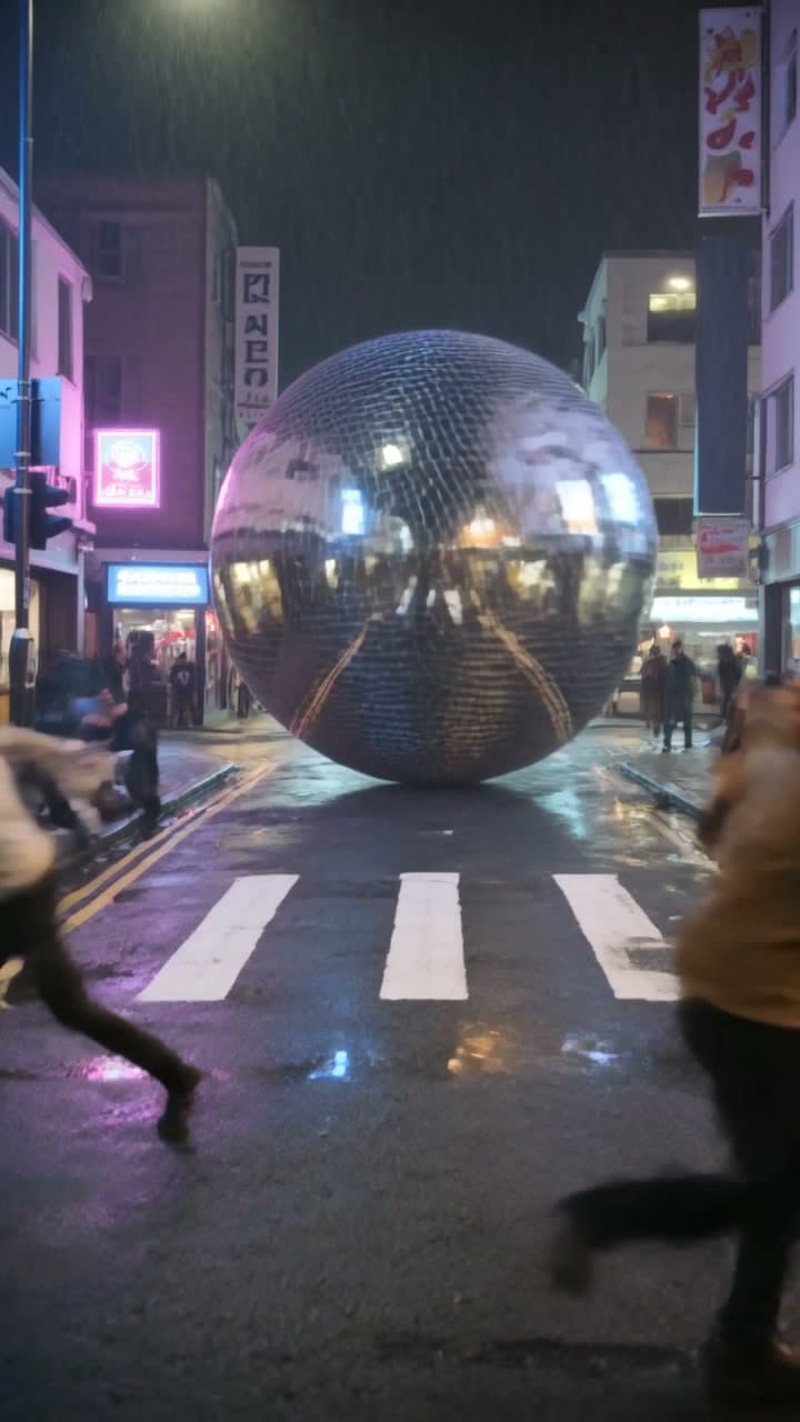 A giant disco ball rolls down a neon street as people leap out of its way