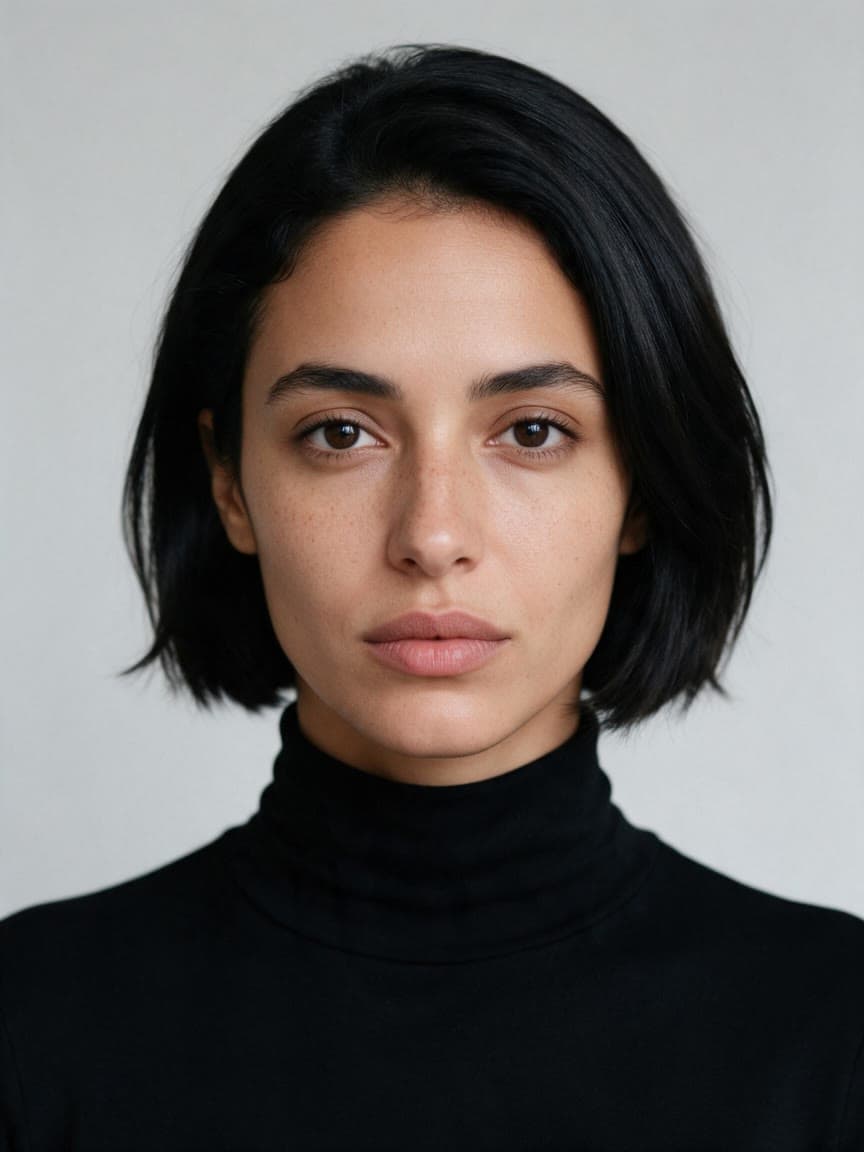 A woman with a black bob in a black turtleneck, a plain studio portrait