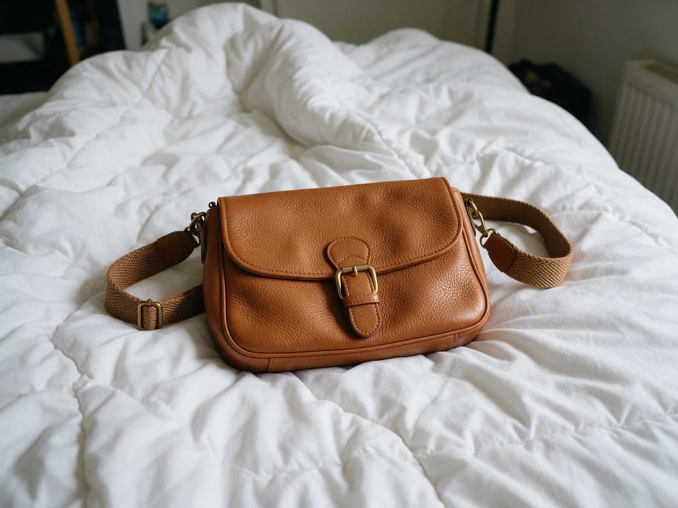 The photo leather bag by a holiday pool started from