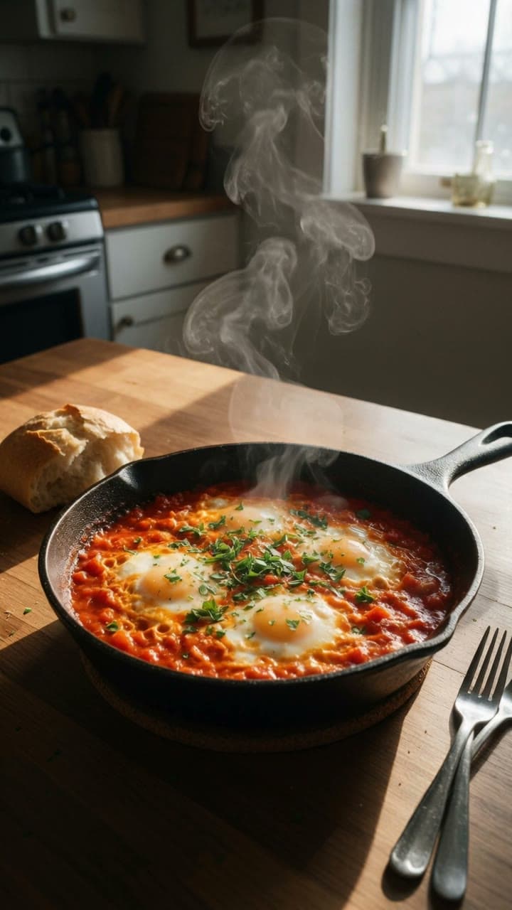 Shakshuka, still bubbling, a real run on Leap