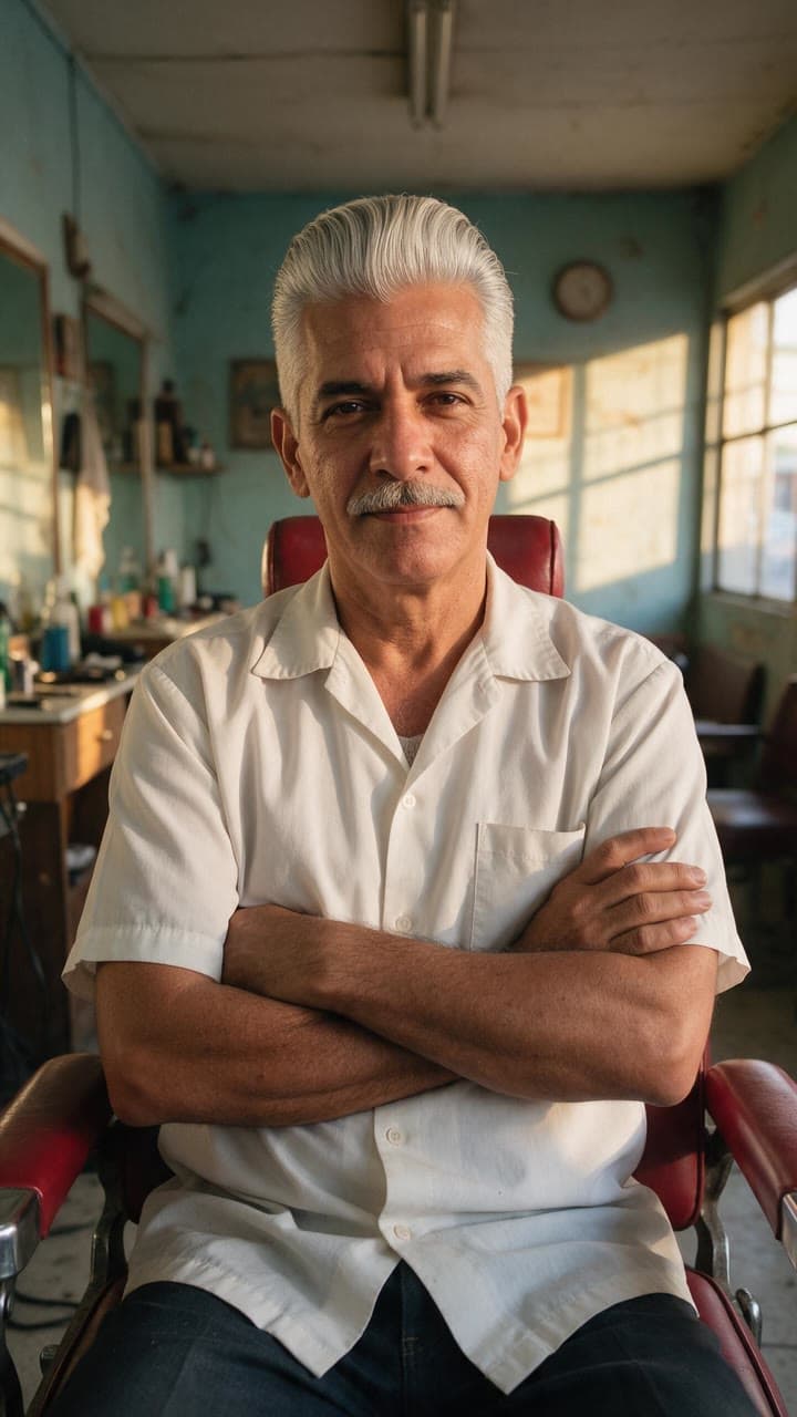 The photo the barber, smiling started from