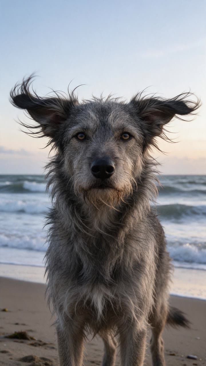The photo the wolfhound, in the wind started from