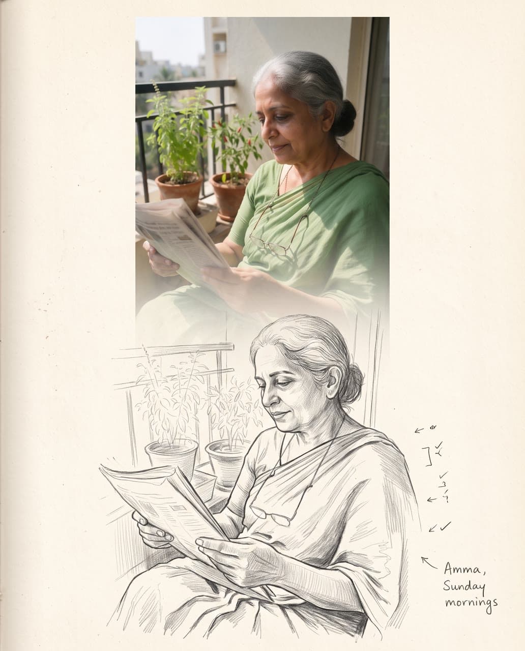 Amma reading on the balcony, in pencil, a real run on Leap