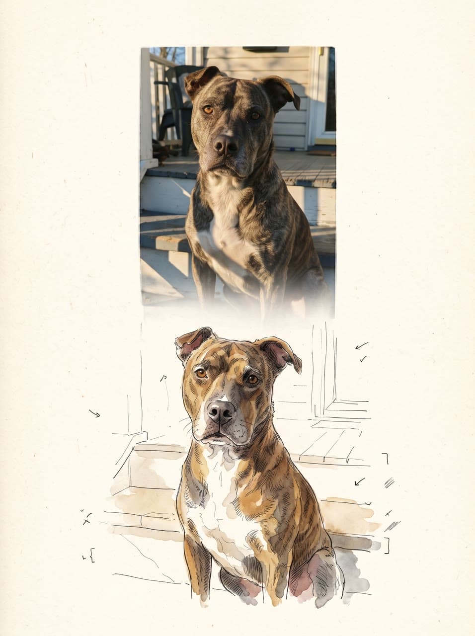 A brindle pit bull on the porch, in ink and watercolor, a real run on Leap