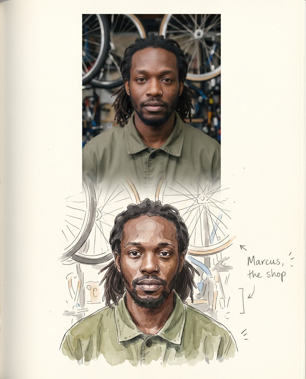 Marcus in his bike shop, in ink and watercolor, a real run on Leap