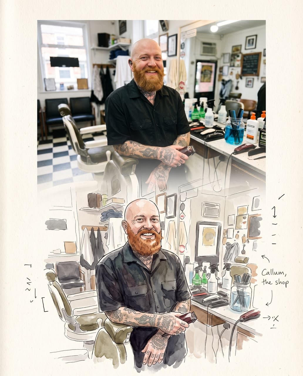 Callum in his barbershop, in ink and watercolor, a real run on Leap