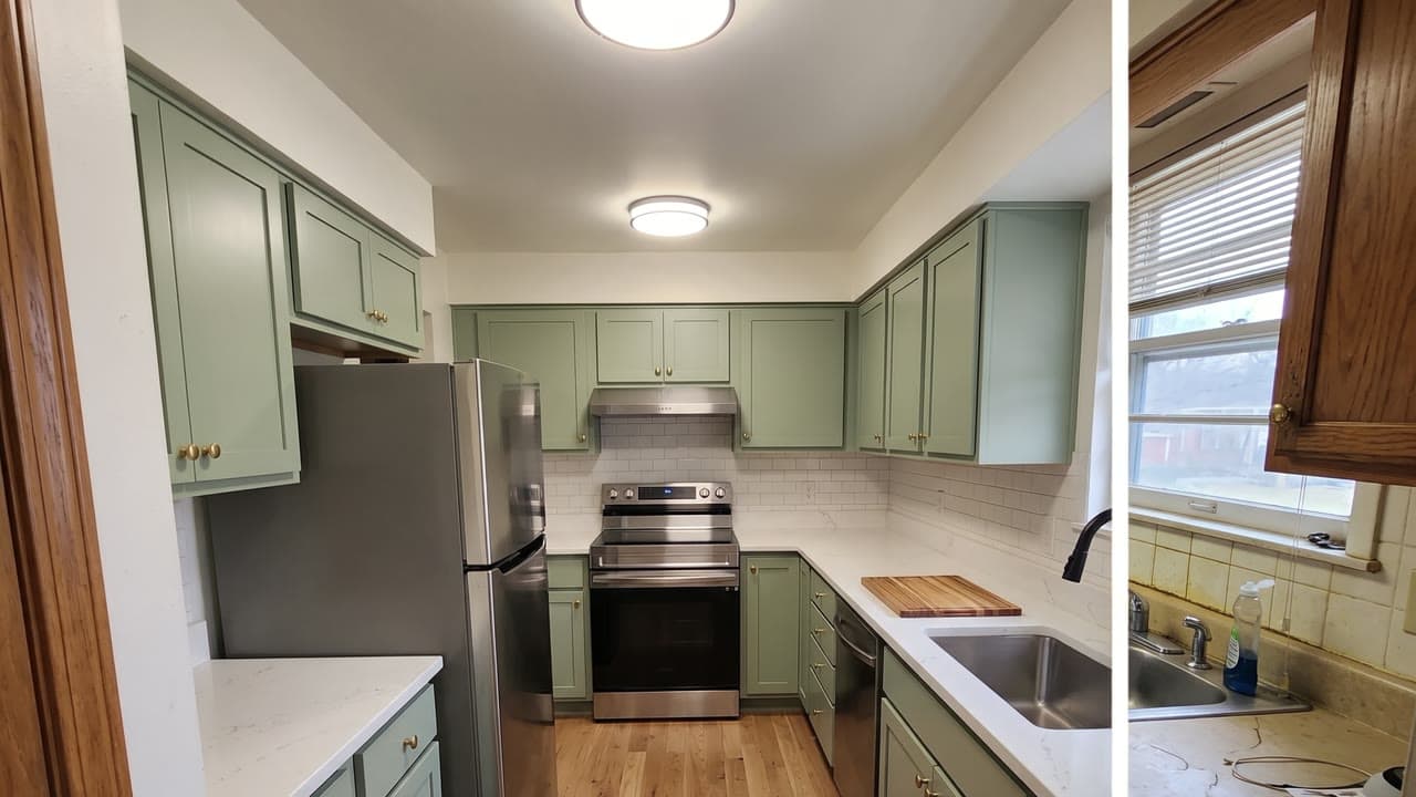 Oak kitchen to sage and quartz, as a wipe reveal, a real run on Leap